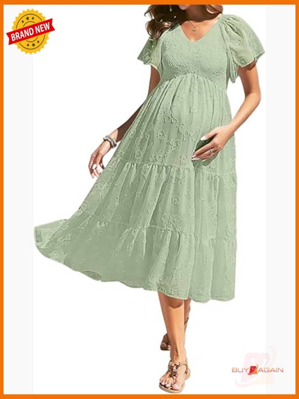 Maternity Baby Shower Midi Dress Flutter Sleeve V-Neck A-Line Smocked